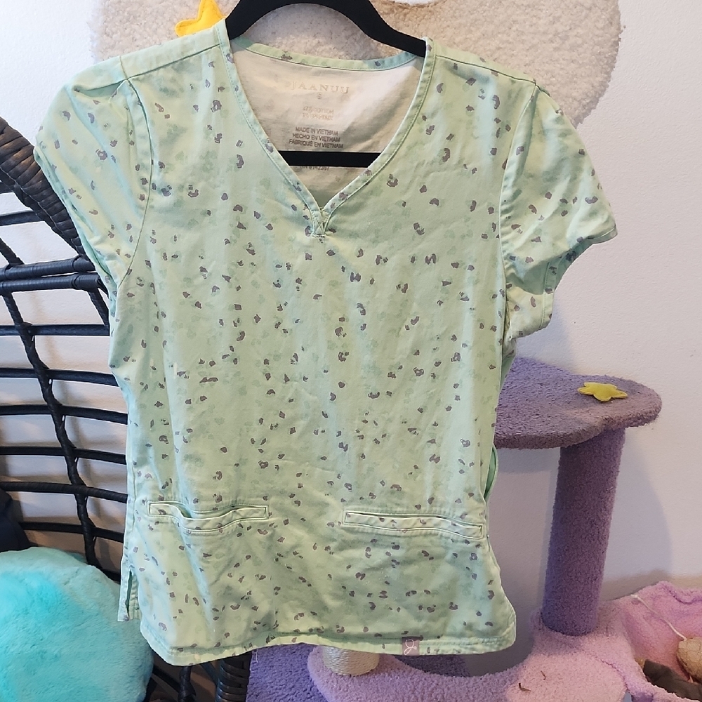 Green And Grey Leopard Patterned Scrub Top